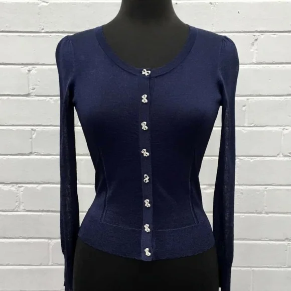 ALANNAH HILL Maybe Baby Blue Sparkly Bow Button Cardi Cropped Cardigan RRP$169 - Picture 2 of 8